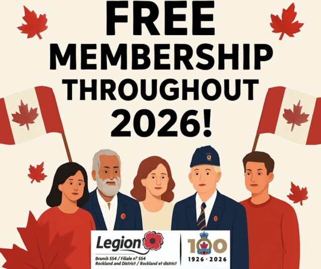 Join the Royal Canadian Legion Branch 554 — Centenary Membership is FREE!Looking for a great way to support veterans, connect with the community, and be part of something meaningful?This year marks the 100th anniversary of the Royal Canadian Legion — and to celebrate, membership is FREE for all new members!If you’ve ever considered joining, now is the perfect time.No cost, no obligation — just community, camaraderie, and a shared commitment to honouring those who served.👉 Learn more or sign up today: https://rockland-legion.ca/Whether you’re a veteran, a family member, or a community supporter, Branch 554 welcomes you!#Legion100 #RCL554 #RocklandLegion #SupportOurVeterans #CommunityStrong #FreeMembership2026