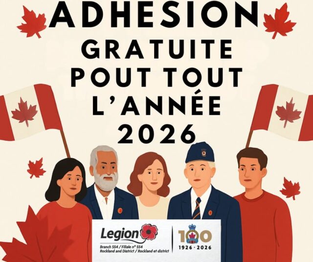 Joignez-vous à la filiale 554 de la Légion royale canadienne — L'adhésion du centenaire est GRATUITE!Vous cherchez un excellent moyen de soutenir les anciens combattants, de vous impliquer dans la communauté et de participer à une cause importante?Cette année marque le 100e anniversaire de la Légion royale canadienne — et pour célébrer cet événement, l’adhésion est GRATUITE pour tous les nouveaux membres!Si vous avez déjà songé à vous joindre à nous, c'est le moment idéal.Aucun frais, aucune obligation — seulement une communauté, de la camaraderie et un engagement commun à honorer ceux qui ont servi.👉 Apprenez-en davantage ou inscrivez-vous dès aujourd’hui : https://rockland-legion.ca/Que vous soyez un vétéran, un membre de sa famille ou un sympathisant de la communauté, la filiale 554 vous souhaite la bienvenue!#Legion100 #RCL554 #RocklandLegion #SoutienAuxVétérans #CommunautéForte #AdhésionGratuite2026